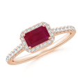 thumbnail image 1 of ANGARA Natural East West Emerald-Cut Ruby Halo Ring in 14K Rose Gold for Women (Size-6x4mm) | July Birthstone, Birthday, Anniversary, Jewelry Gift for Women | Natural Ruby Ring, 1 of 9