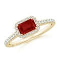 thumbnail image 1 of ANGARA Natural East West Emerald-Cut Ruby Halo Ring in 14K Yellow Gold for Women (Size-6x4mm) | July Birthstone, Birthday, Anniversary, Jewelry Gift for Women | Natural Ruby Ring, 1 of 9
