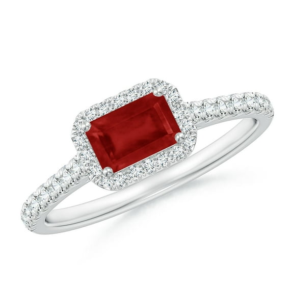 ANGARA Natural East West Emerald-Cut Ruby Halo Ring in 14K White Gold for Women (Size-6x4mm) | July Birthstone Jewelry for Her | Natural Ruby Rings