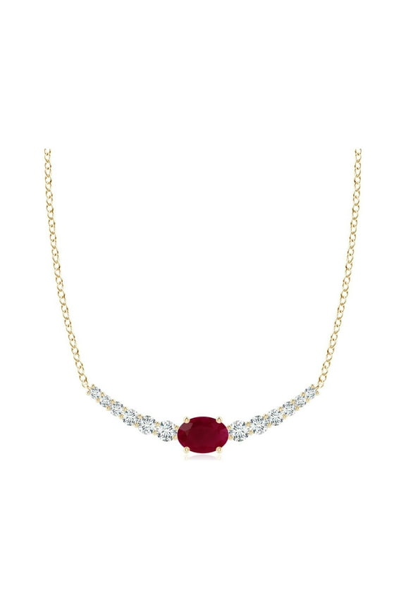 Natural East-West Oval Ruby Curved Bar Necklace with Diamonds in 14K Yellow Gold for Women (Size-6x4mm) | July Birthstone, Birthday, Anniversary, Jewelry Gift for Women | Natural Ruby Necklace