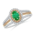 thumbnail image 1 of ANGARA Natural Emerald & Coffee Diamond Double Halo Ring in Two Tone Gold in 14K White & Yellow Gold for Women (Size-6x4mm) | May Birthstone, Anniversary Jewelry Gift for Women | Natural Emerald Ring, 1 of 9