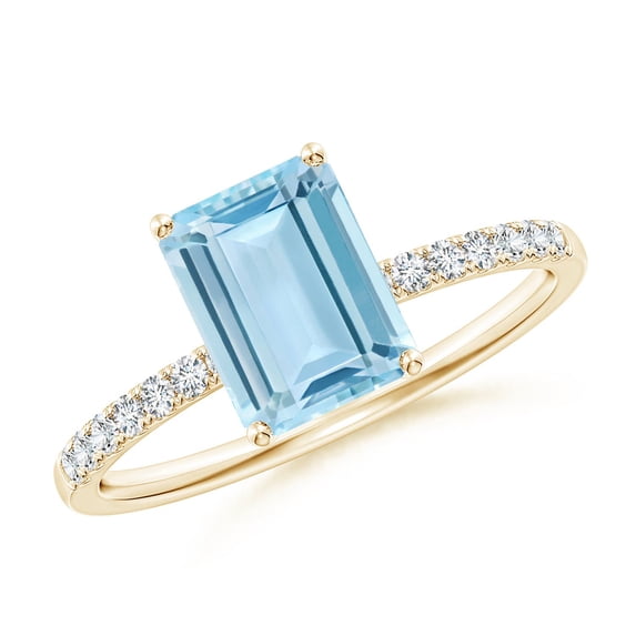 ANGARA Natural Emerald-Cut 1.35 ct Aquamarine Engagement Ring with Diamonds in 14K Yellow Gold for Women (Size-8x6mm) | March Birthstone, Anniversary, Jewelry Gift for Women | Natural Aquamarine Ring