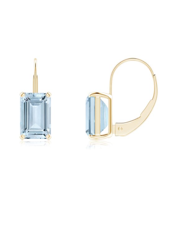 Natural Emerald-Cut 1 ct Aquamarine Solitaire Leverback Earrings in 14K Yellow Gold for Women (Size-6x4mm) | March Birthstone, Anniversary, Jewelry Gift for Women | Natural Aquamarine Earrings