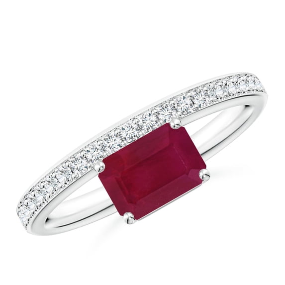 ANGARA Natural Emerald-Cut 1 ct Ruby Off-Centered Solitaire Ring With Diamonds in 14K White Gold for Women (Size-7x5mm) | July Birthstone Jewelry for Her