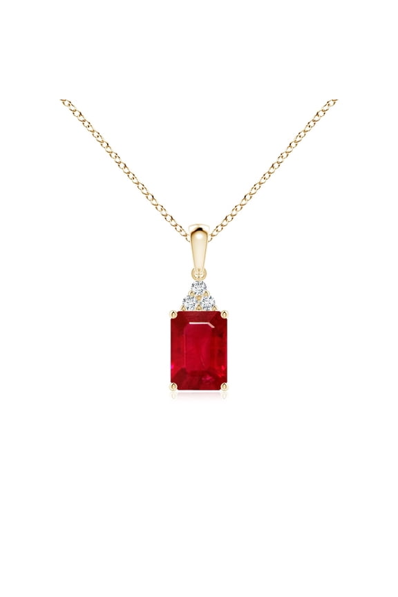 Natural Emerald-Cut 1 ct Ruby Pendant with Diamond Trio in 14K Yellow Gold for Women (Size-7x5mm) | July Birthstone, Birthday, Anniversary, Jewelry Gift for Women | Natural Ruby Necklace