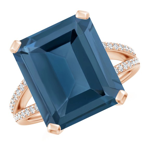 ANGARA Natural Emerald-Cut 12 ct London Blue Topaz Split Shank Cocktail Ring in 14K Rose Gold for Women (Size-14x12mm) | November Birthstone Jewelry for Women | London Blue Topaz Ring (Ring Size- 7.5)