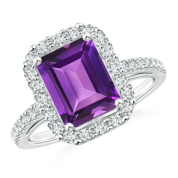 ANGARA Natural Emerald-Cut 2.2 ct Amethyst Halo Ring in 14K White Gold for Women (Size-9x7mm) | February Birthstone, Birthday, Anniversary, Jewelry Gift for Women | Natural Amethyst Ring