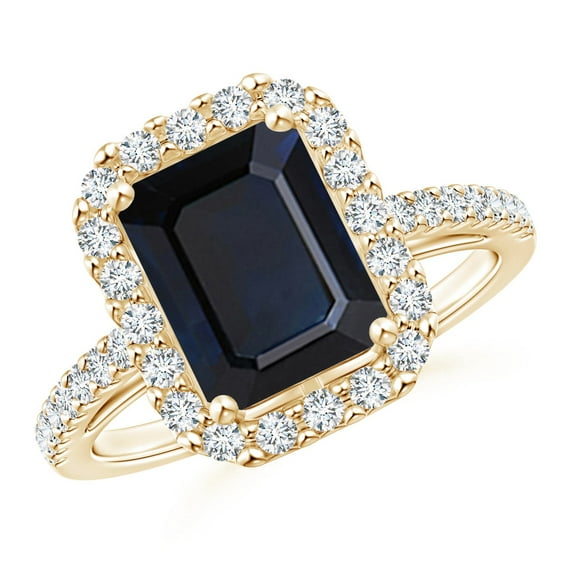 Angara Natural Blue Sapphire Halo Ring - Emerald-Cut 2.45 ct Blue Sapphire Ring in 14K Yellow Gold for Women (Size-9x7mm) | September Birthstone Jewelry