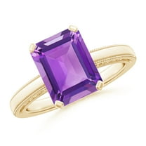 ANGARA Natural Emerald Cut 2.9 ct Amethyst Solitaire Ring with Milgrain in 14K Yellow Gold for Women (Size-10x8mm) | February Birthstone, Anniversary, Jewelry Gift for Women | Natural Amethyst Ring
