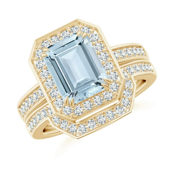 ANGARA Natural Emerald Cut 2 ct Aquamarine Bridal Ring Set with Diamond Ring in 14K Yellow Gold for Women (Size-9x7mm) | March Birthstone, Anniversary Jewelry Gift for Women | Natural Aquamarine Ring