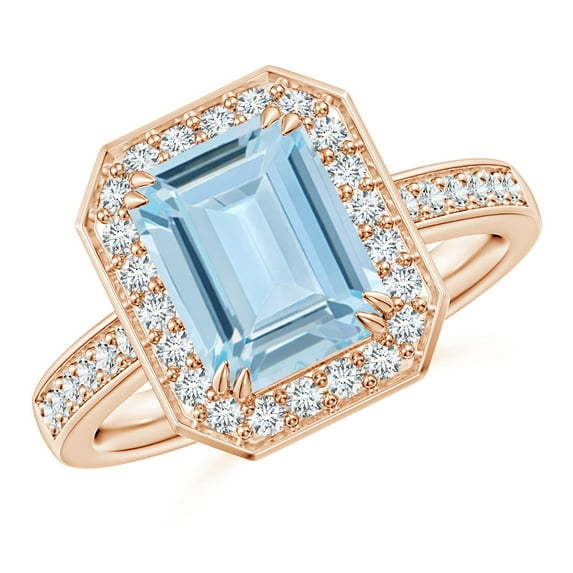 ANGARA Natural Emerald-Cut 2 ct Aquamarine Engagement Ring with Diamond Halo in 14K Rose Gold for Women (Size-9x7mm) | March Birthstone, Anniversary, Jewelry Gift for Women | Natural Aquamarine Ring