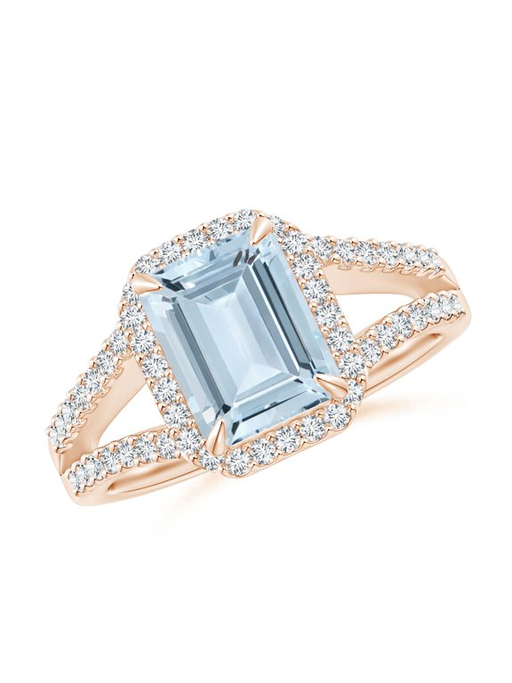 Natural Emerald-Cut 2 ct Aquamarine Split Shank Halo Ring in 14K Rose Gold for Women (Size-9x7mm) | March Birthstone, Birthday, Anniversary, Jewelry Gift for Women | Natural Aquamarine Ring