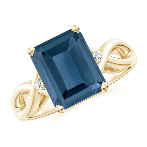 ANGARA Natural Emerald Cut 4 ct London Blue Topaz Twist Shank Statement Ring in 14K Yellow Gold for Women (Size-10x8mm) | November Birthstone Jewelry for Women | London Blue Topaz Ring (Ring Size - 4)