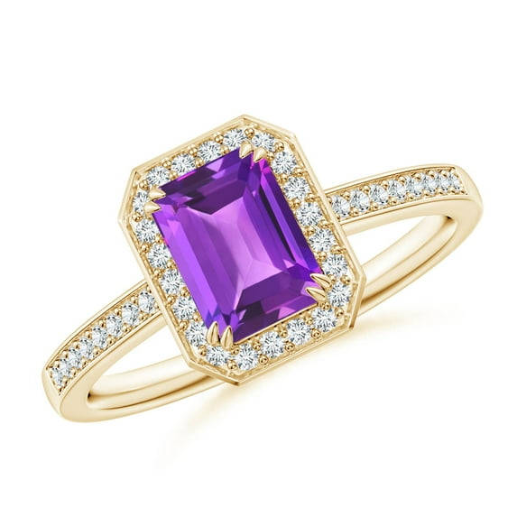 ANGARA Natural Emerald-Cut Amethyst Engagement Ring with Diamond Halo in 14K Yellow Gold for Women (Size-7x5mm) | February Birthstone, Anniversary, Jewelry Gift for Women | Natural Amethyst Ring
