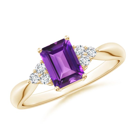 ANGARA Natural Emerald-Cut Amethyst Solitaire Ring with Trio Diamonds in 14K Yellow Gold for Women (Size-7x5mm) | February Birthstone, Anniversary, Jewelry Gift for Women | Natural Amethyst Ring
