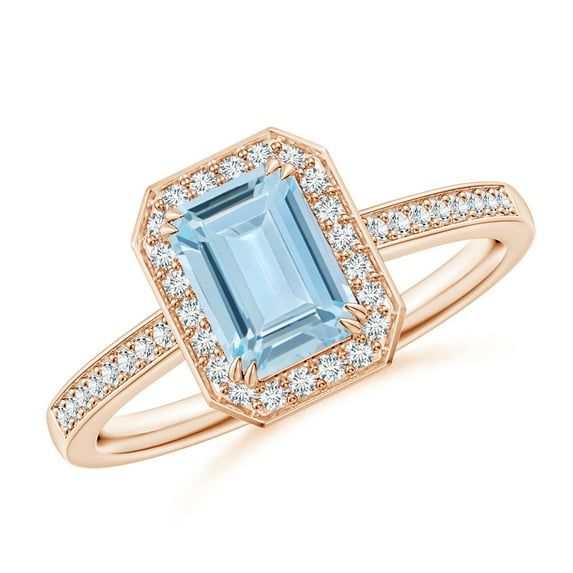 ANGARA Natural Emerald-Cut Aquamarine Engagement Ring with Diamond Halo in 14K Rose Gold for Women (Size-7x5mm) | March Birthstone, Anniversary, Jewelry Gift for Women | Natural Aquamarine Ring