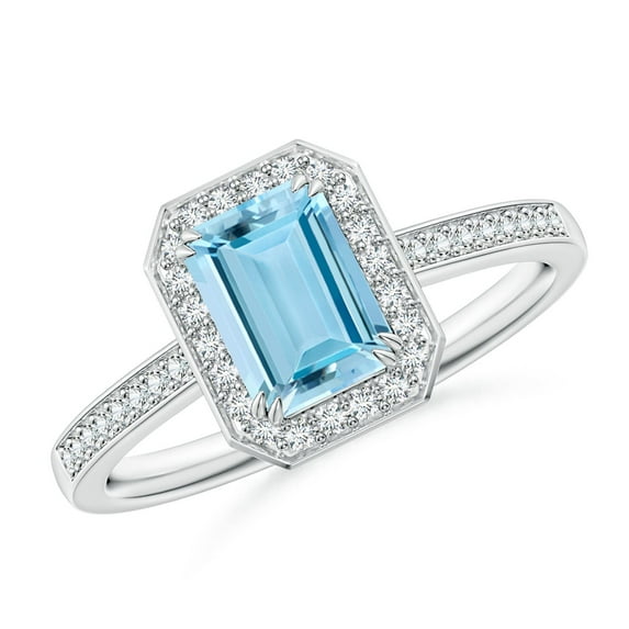 ANGARA Natural Emerald-Cut Aquamarine Engagement Ring with Diamond Halo in 14K White Gold for Women (Size-7x5mm) | March Birthstone, Anniversary, Jewelry Gift for Women | Natural Aquamarine Ring