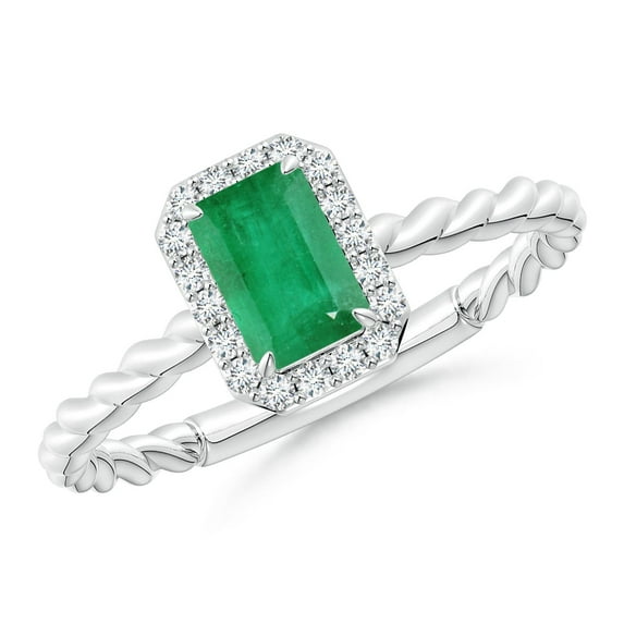 ANGARA Natural Emerald-Cut Emerald Halo Twisted Shank Engagement Ring in 14K White Gold for Women (Size-6x4mm) | May Birthstone, Birthday, Anniversary, Jewelry Gift for Women | Natural Emerald Ring