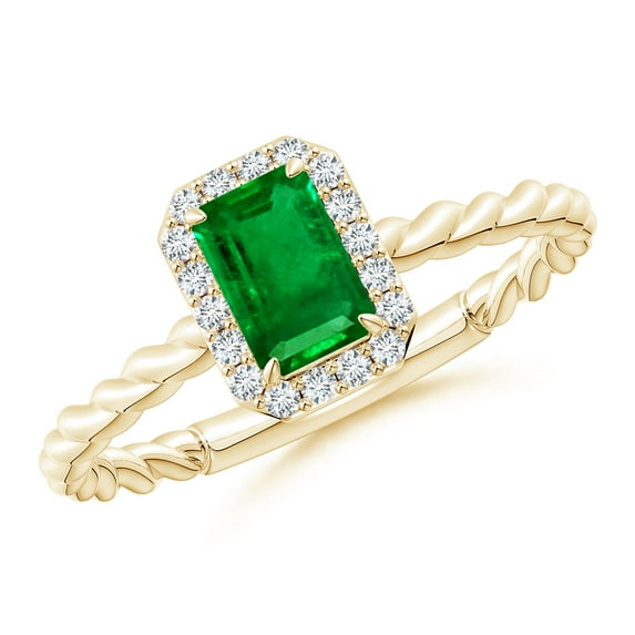 ANGARA Natural Emerald-Cut Emerald Halo Twisted Shank Engagement Ring in 14K Yellow Gold for Women (Size-6x4mm) | May Birthstone, Birthday, Anniversary, Jewelry Gift for Women | Natural Emerald Ring