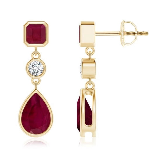 ANGARA Natural Emerald-Cut and Pear-Shaped 1.6 ct Ruby Drop Earrings in 14K Yellow Gold for Women (Size-7x5mm) | July Birthstone, Birthday, Anniversary, Jewelry Gift for Women | Natural Ruby Earrings