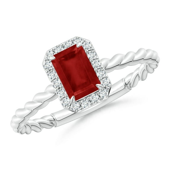 ANGARA Natural Emerald-Cut Ruby Halo Twisted Shank Engagement Ring in 14K White Gold for Women (Size-6x4mm) | July Birthstone, Birthday, Anniversary, Jewelry Gift for Women | Natural Ruby Ring