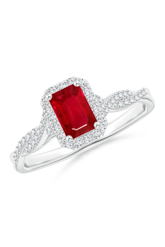 Natural Emerald-Cut Ruby Halo Twisted Shank Ring in 14K White Gold for Women (Size-6x4mm) | July Birthstone, Birthday, Anniversary, Jewelry Gift for Women | Natural Ruby Ring