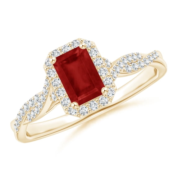 ANGARA Natural Emerald-Cut Ruby Halo Twisted Shank Ring in 14K Yellow Gold for Women (Size-6x4mm) | July Birthstone Jewelry for Her