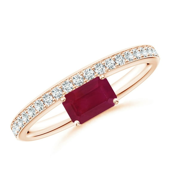 ANGARA Natural Emerald-Cut Ruby Off-Centered Solitaire Ring With Diamonds in 14K Rose Gold for Women (Size-6x4mm) | July Birthstone Jewelry for Her | Natural Ruby Rings