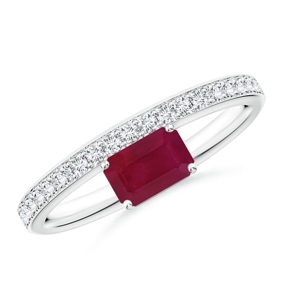ANGARA Natural Emerald-Cut Ruby Off-Centered Solitaire Ring With Diamonds in 925 Sterling Silver for Women (Size-6x4mm) | July Birthstone Jewelry for Her