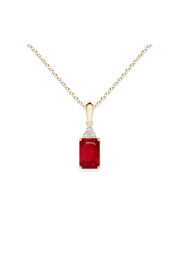 Natural Emerald-Cut Ruby Pendant with Diamond Trio in 14K Yellow Gold for Women (Size-6x4mm) | July Birthstone, Birthday, Anniversary, Jewelry Gift for Women | Natural Ruby Necklace