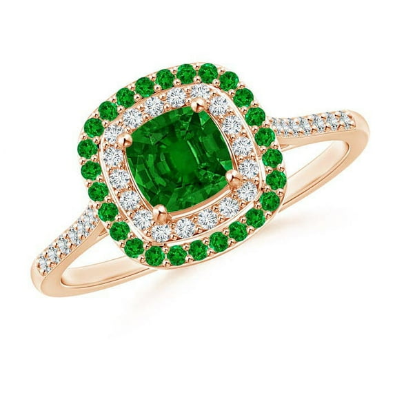 ANGARA Natural Emerald and Diamond Double Halo Ring in 14K Rose Gold for Women (Size-5mm) | May Birthstone, Birthday, Anniversary, Jewelry Gift for Women | Natural Emerald Ring