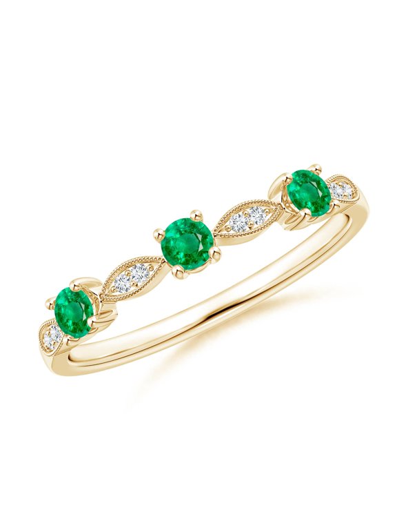 Natural Emerald & Diamond Marquise and Dot Ring in 14K Yellow Gold for Women (Size-2.7mm) | May Birthstone, Birthday, Anniversary, Jewelry Gift for Women | Natural Emerald Ring