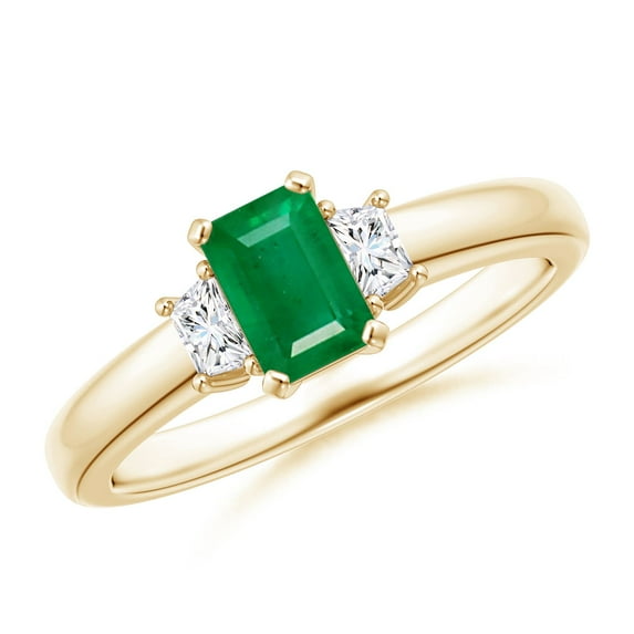 ANGARA Natural Emerald and Diamond Three Stone Ring in 14K Yellow Gold for Women (Size-6x4mm) | May Birthstone, Birthday, Anniversary, Jewelry Gift for Women | Natural Emerald Ring