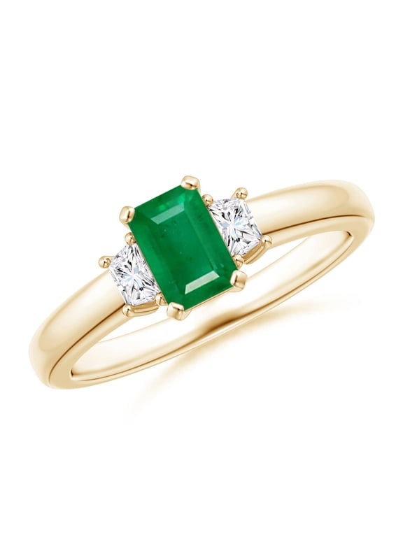 Natural Emerald and Diamond Three Stone Ring in 14K Yellow Gold for Women (Size-6x4mm) | May Birthstone, Birthday, Anniversary, Jewelry Gift for Women | Natural Emerald Ring