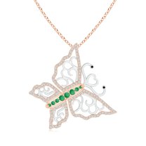 ANGARA Natural Emerald and Diamond Tilted Butterfly Pendant in Two Tone in 14K Rose & White Gold for Women (Size-2mm) | May Birthstone, Anniversary, Jewelry Gift for Women | Natural Emerald Necklace