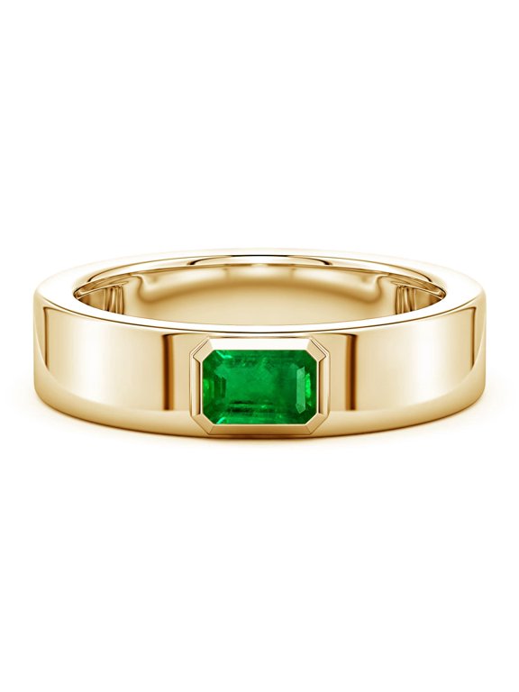 Natural Emerald Ring for Men - Bezel Set Emerald-Cut Ring in 14K Yellow Gold | Ring Size - 6