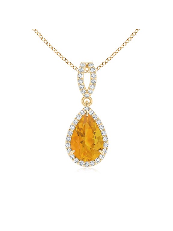 Natural Fire Opal Necklace for Women in 14K Yellow Gold - Vintage Style Pear Fire Opal Halo Pendant Necklace, October Birthstone Jewelry