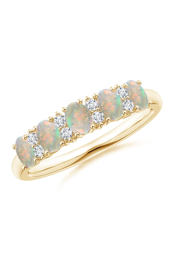 Natural Opal Ring - Five Stone Opal and Diamond Wedding Ring for Women (Size-4x3mm) | October Birthstone Jewelry | 14K Yellow Gold Opal Ring (Ring Size = 7.5)