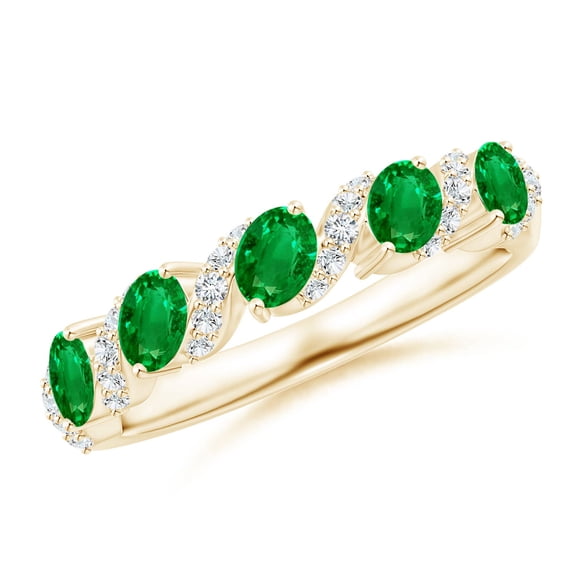 ANGARA Natural Five Stone Oval Emerald Swirl Ring with Diamonds in 14K Yellow Gold for Women (Size-4x3mm) | May Birthstone, Birthday, Anniversary, Jewelry Gift for Women | Natural Emerald Ring