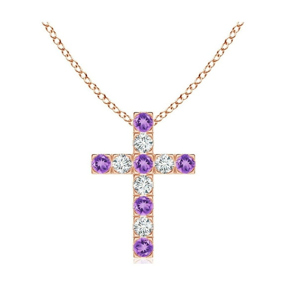 ANGARA Natural Flat Prong-Set Amethyst and Diamond Cross Pendant in 14K Rose Gold for Women (Size-2mm) | February Birthstone, Birthday, Anniversary, Jewelry Gift for Women | Natural Amethyst Necklace