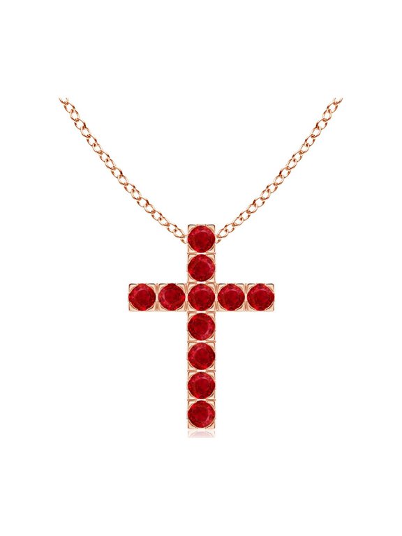 Natural Flat Prong-Set Ruby Cross Pendant in 14K Rose Gold for Women (Size-2mm) | July Birthstone, Birthday, Anniversary, Jewelry Gift for Women | Natural Ruby Necklace