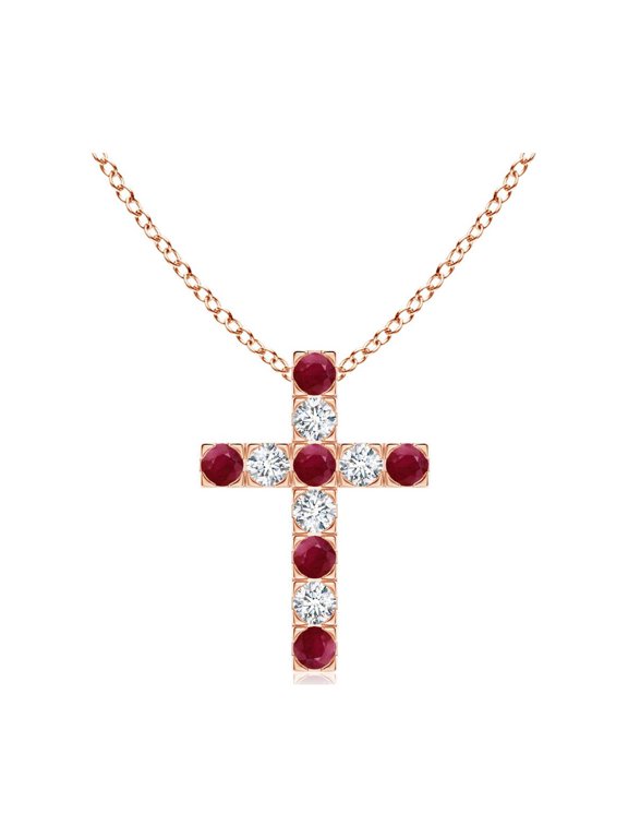 Natural Flat Prong-Set Ruby and Diamond Cross Pendant in 14K Rose Gold for Women (Size-2mm) | July Birthstone, Birthday, Anniversary, Jewelry Gift for Women | Natural Ruby Necklace