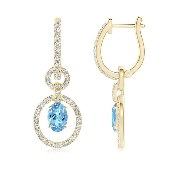 ANGARA Natural Floating Aquamarine Dangle Hoop Earrings with Diamonds in 14K Yellow Gold for Women (Size-6x4mm) | March Birthstone, Anniversary, Jewelry Gift for Women | Natural Aquamarine Earrings