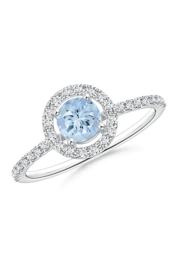Natural Floating Aquamarine Halo Ring with Diamond Accents in 14K White Gold for Women (Size-5mm) | March Birthstone, Birthday, Anniversary, Jewelry Gift for Women | Natural Aquamarine Ring