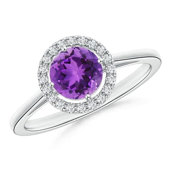 ANGARA Natural Floating Round Amethyst Ring with Diamond Halo in 14K White Gold for Women (Size-6mm) | February Birthstone, Birthday, Anniversary, Jewelry Gift for Women | Natural Amethyst Ring