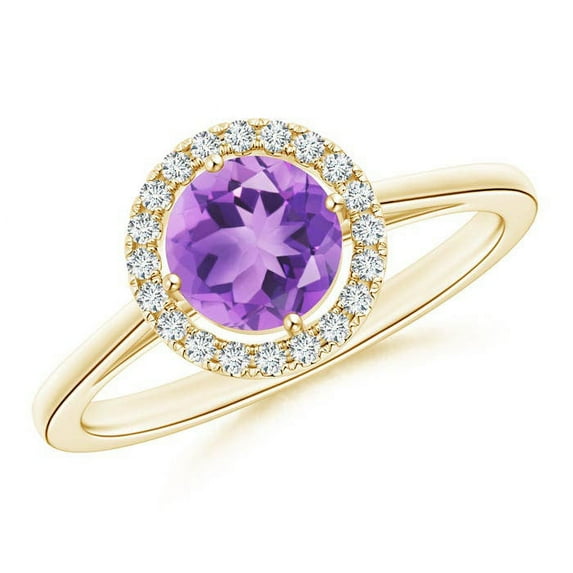 ANGARA Natural Floating Round Amethyst Ring with Diamond Halo in 14K Yellow Gold for Women (Size-6mm) | February Birthstone, Birthday, Anniversary, Jewelry Gift for Women | Natural Amethyst Ring