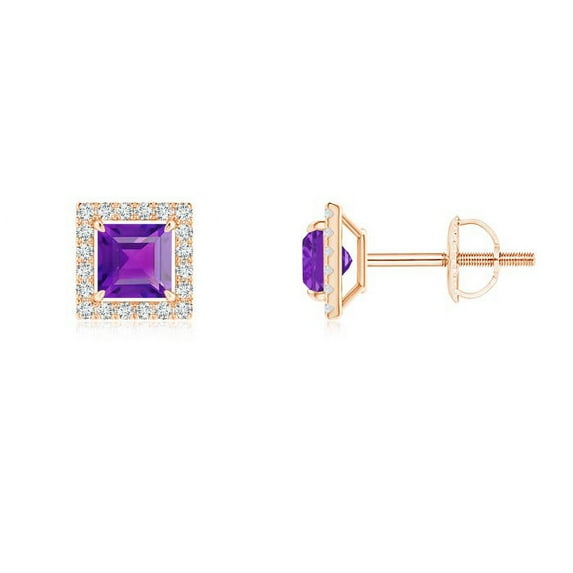 ANGARA Natural Floating Square Amethyst and Diamond Halo Stud Earrings in 14K Rose Gold for Women (Size-4mm) | February Birthstone, Anniversary, Jewelry Gift for Women | Natural Amethyst Earrings