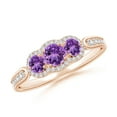 thumbnail image 1 of ANGARA Natural Floating Three Stone Amethyst Ring with Diamond Halo in 14K Rose Gold for Women (Size-4mm) | February Birthstone, Birthday, Anniversary, Jewelry Gift for Women | Natural Amethyst Ring, 1 of 9