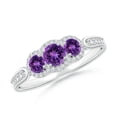 thumbnail image 1 of ANGARA Natural Floating Three Stone Amethyst Ring with Diamond Halo in 14K White Gold for Women (Size-4mm) | February Birthstone, Birthday, Anniversary, Jewelry Gift for Women | Natural Amethyst Ring, 1 of 9