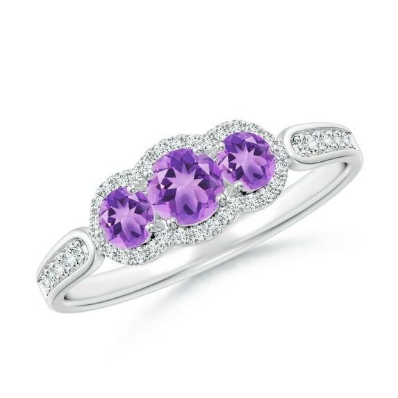 ANGARA Natural Floating Three Stone Amethyst Ring with Diamond Halo in 14K White Gold for Women (Size-4mm) | February Birthstone, Birthday, Anniversary, Jewelry Gift for Women | Natural Amethyst Ring